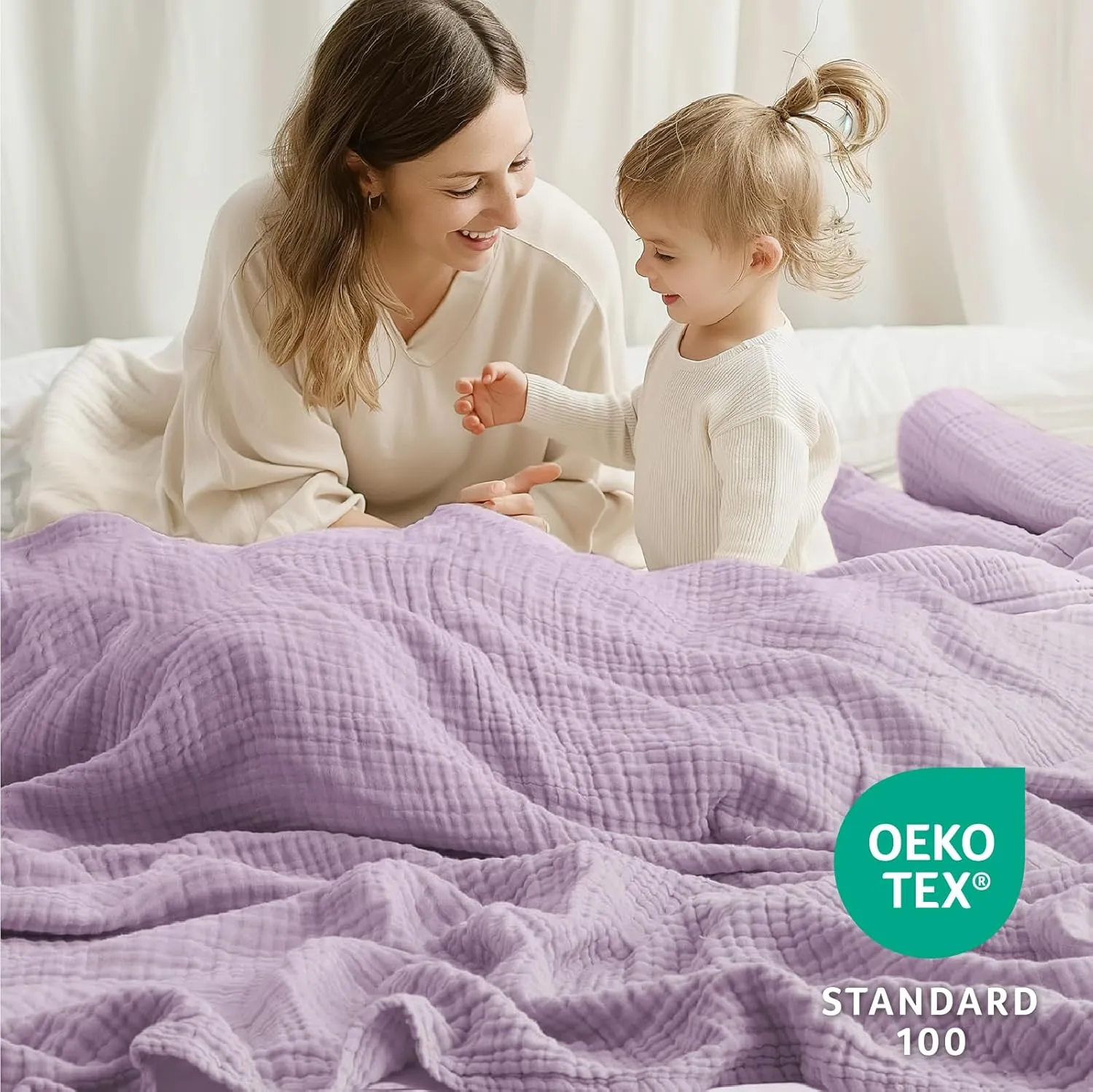 100% Cotton Muslin Blanket Large 50" x 70", 6 Layers Breathable and Lightweight Cotton Throw Blanket for Couch, Soft Quilt Bedspread, Gauze Blanket for Adults All Season, Lavender