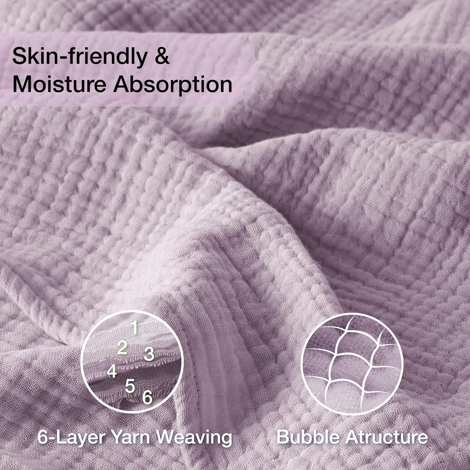 100% Cotton Muslin Blanket Large 50" x 70", 6 Layers Breathable and Lightweight Cotton Throw Blanket for Couch, Soft Quilt Bedspread, Gauze Blanket for Adults All Season, Lavender