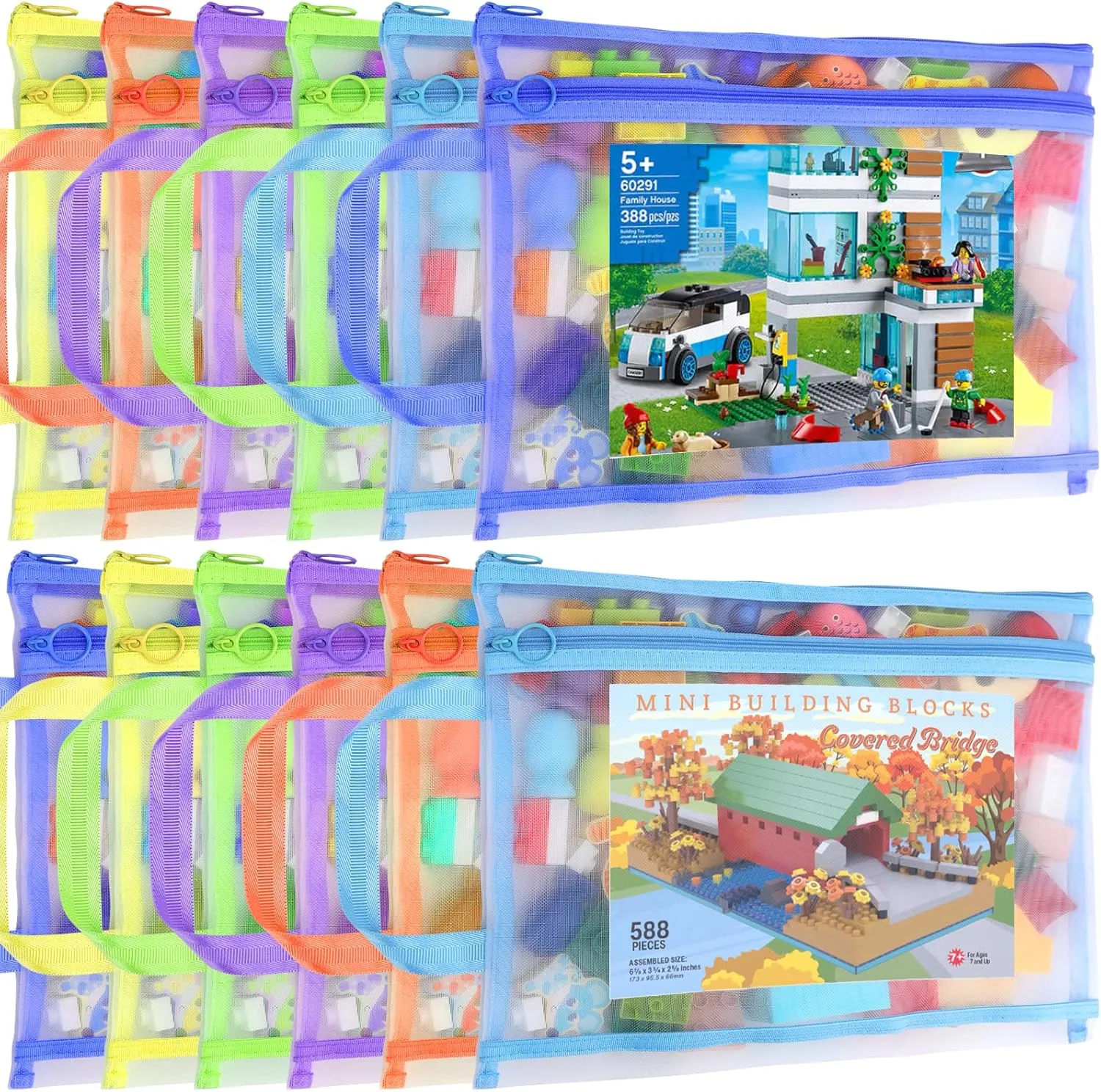 12 Pack Mesh Zipper Pouch Bags, Double-Layer Nylon Puzzle Bags, Breathable See Through Zipper Pouch with Handle for Classroom Organization and Storage, Board Game Storage