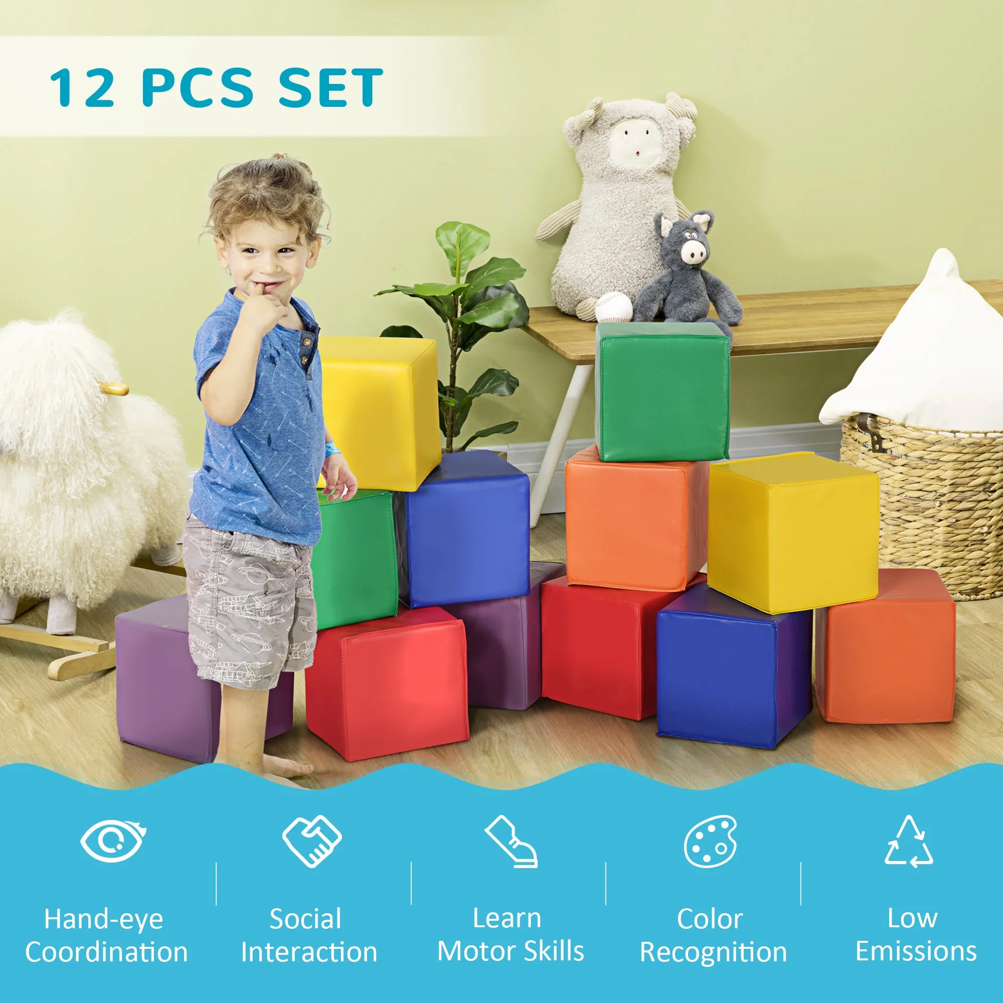 12-Piece Soft Stacking Blocks: Non-Toxic Foam Building Blocks for Toddlers, Babies