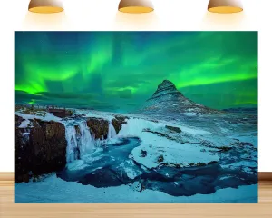 15X8ft Fabric Ture North Vbs Aurora-Themed Backdrop Vacation Snow-Covered Mountain Oceans Background Colorful Party Decoration Banner Photo Booth Props