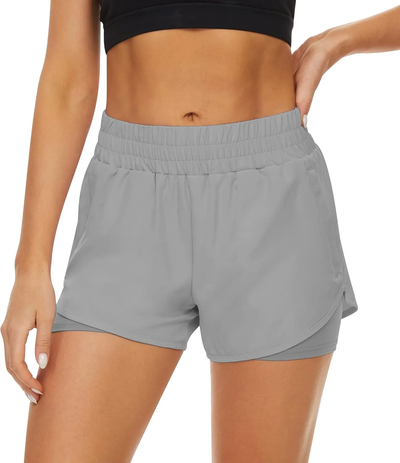2 Pack Athletic Shorts for Women, Quick Dry Running Shorts with Pockets High Waisted Workout Gym Sports Shorts