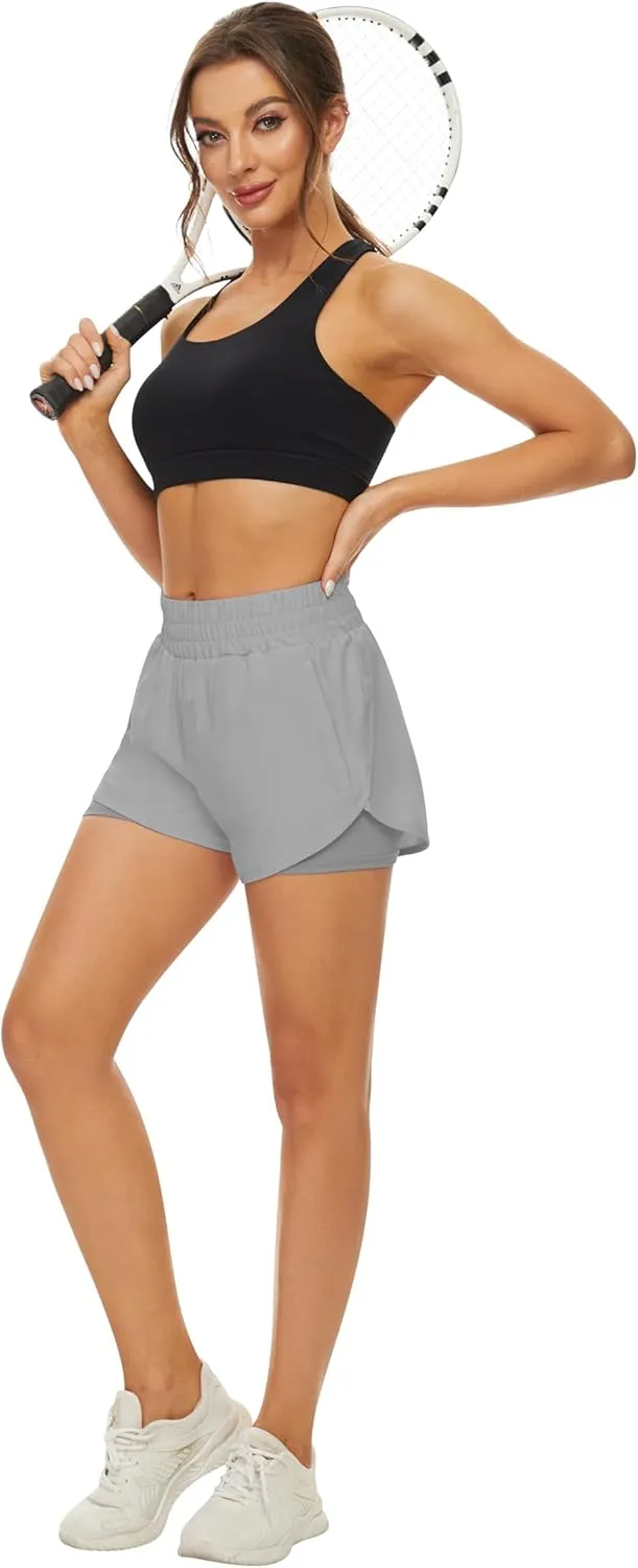 2 Pack Athletic Shorts for Women, Quick Dry Running Shorts with Pockets High Waisted Workout Gym Sports Shorts