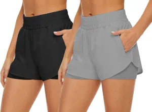 2 Pack Athletic Shorts for Women, Quick Dry Running Shorts with Pockets High Waisted Workout Gym Sports Shorts