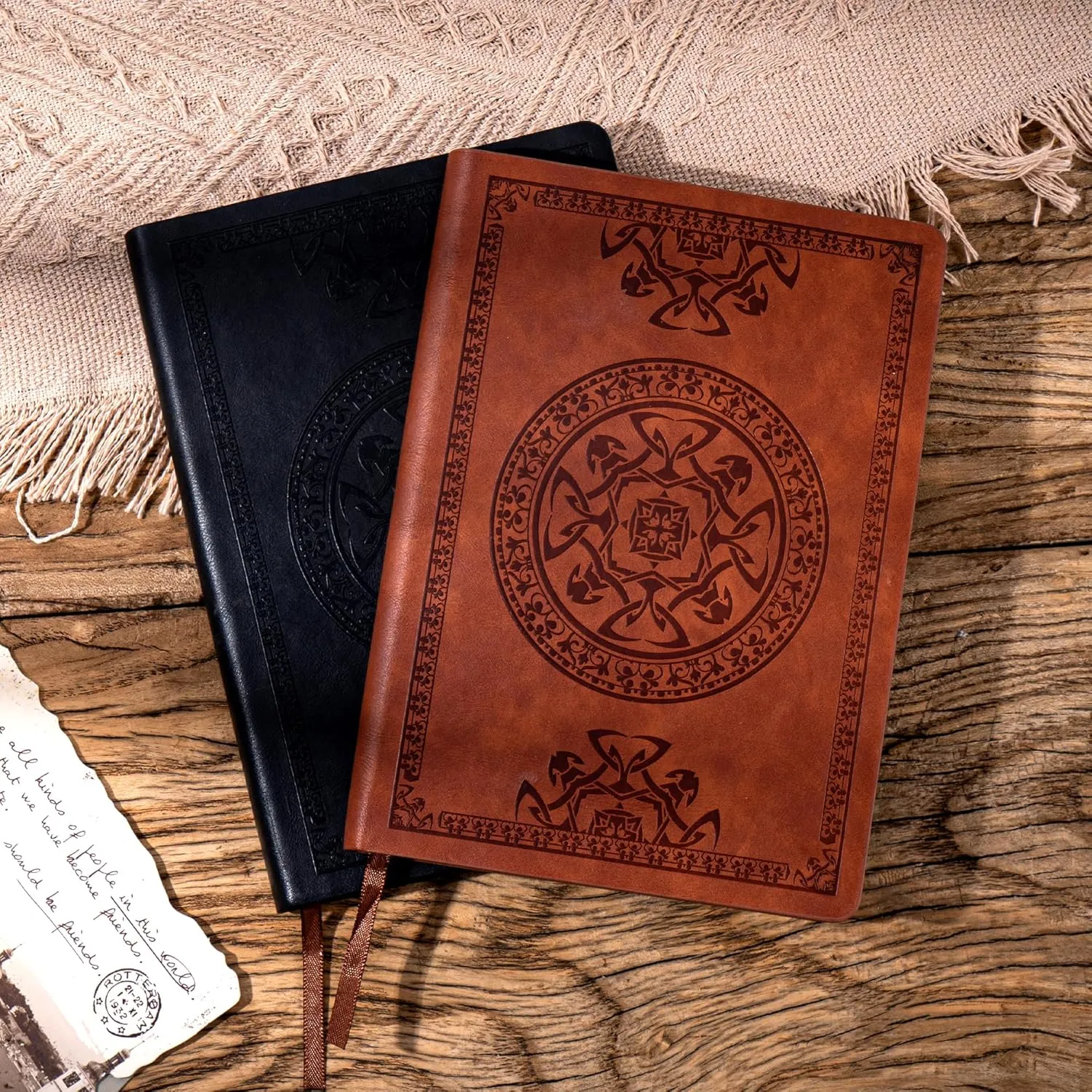 2 Pack Leather Vintage Journal for Men Soft Cover Lined Pages Notebook 180 Lay Flat for Writing Travel Diary, 5.7'' x 8.3'', Black, Brown