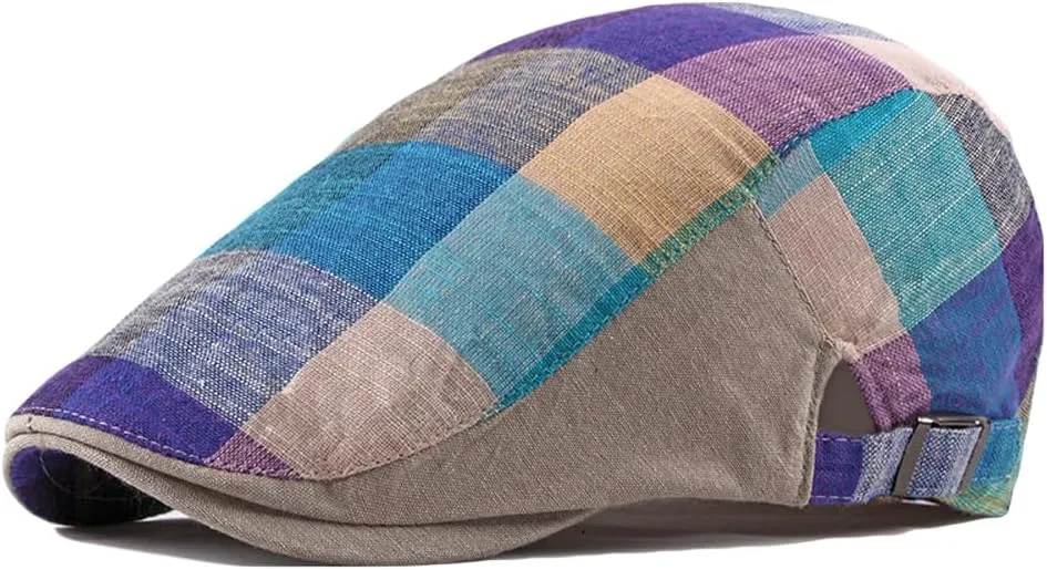 2 Pack Men's Newsboy Flat Cap Adjustable Plaid Ivy Gatsby Cabbie Driving Golf Hat Beret