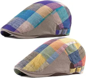 2 Pack Men's Newsboy Flat Cap Adjustable Plaid Ivy Gatsby Cabbie Driving Golf Hat Beret