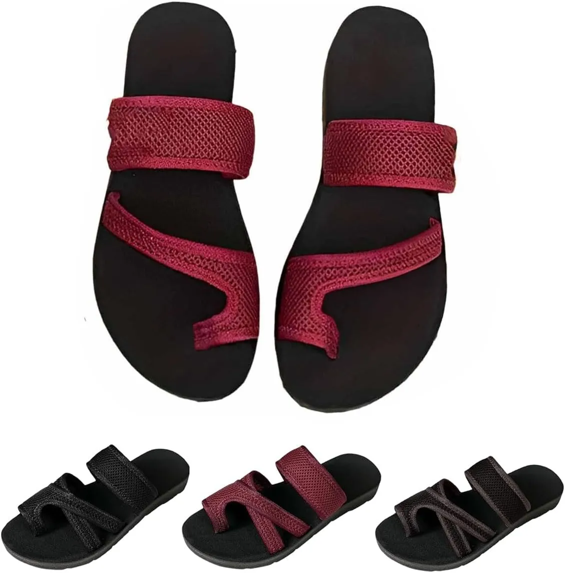 2024Women's Hollow Mesh Slide Sandals, Summer Comfy Non Slip Flat Loop Toe Shoes Arch Support Peep Toe Slippers