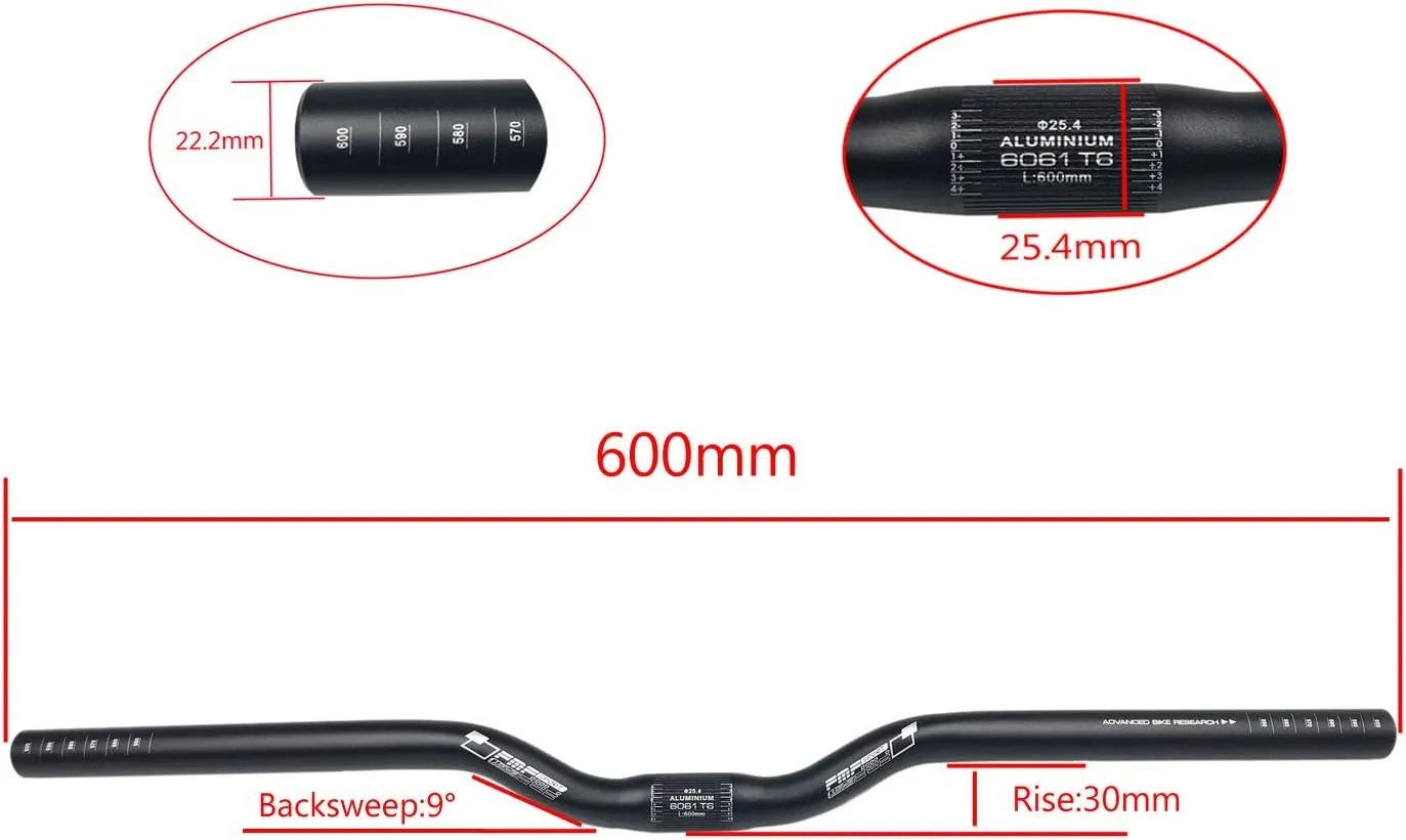25.4mm Lightweight Aluminum Alloy MTB Bike Handlebar Cycling Bicycle Riser/Flat Bar 600mm Long for Mountain Bike
