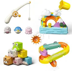 4-in-1 Baby Bath Toys Set with Water Slide Magnetic Fishing Game Squirting & Stacking Toys Fun Bathtub Water Pool Toy Gift for Toddlers Babies Boy Girl
