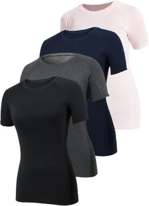 4 Pack Short Sleeve Compression Shirt Women Workout Athletic Baselayer Yoga Softball T-Shirts Cool Running Tops