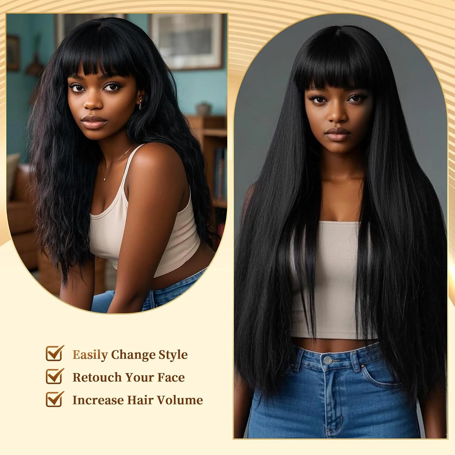 48 Inches Surper Long Straight Wig for Women Flat Bangs Soft Yaki Kinky Wigs for Daily Party Halloween Christmas Cosplay Wig Synthetic Hair Black 120CM