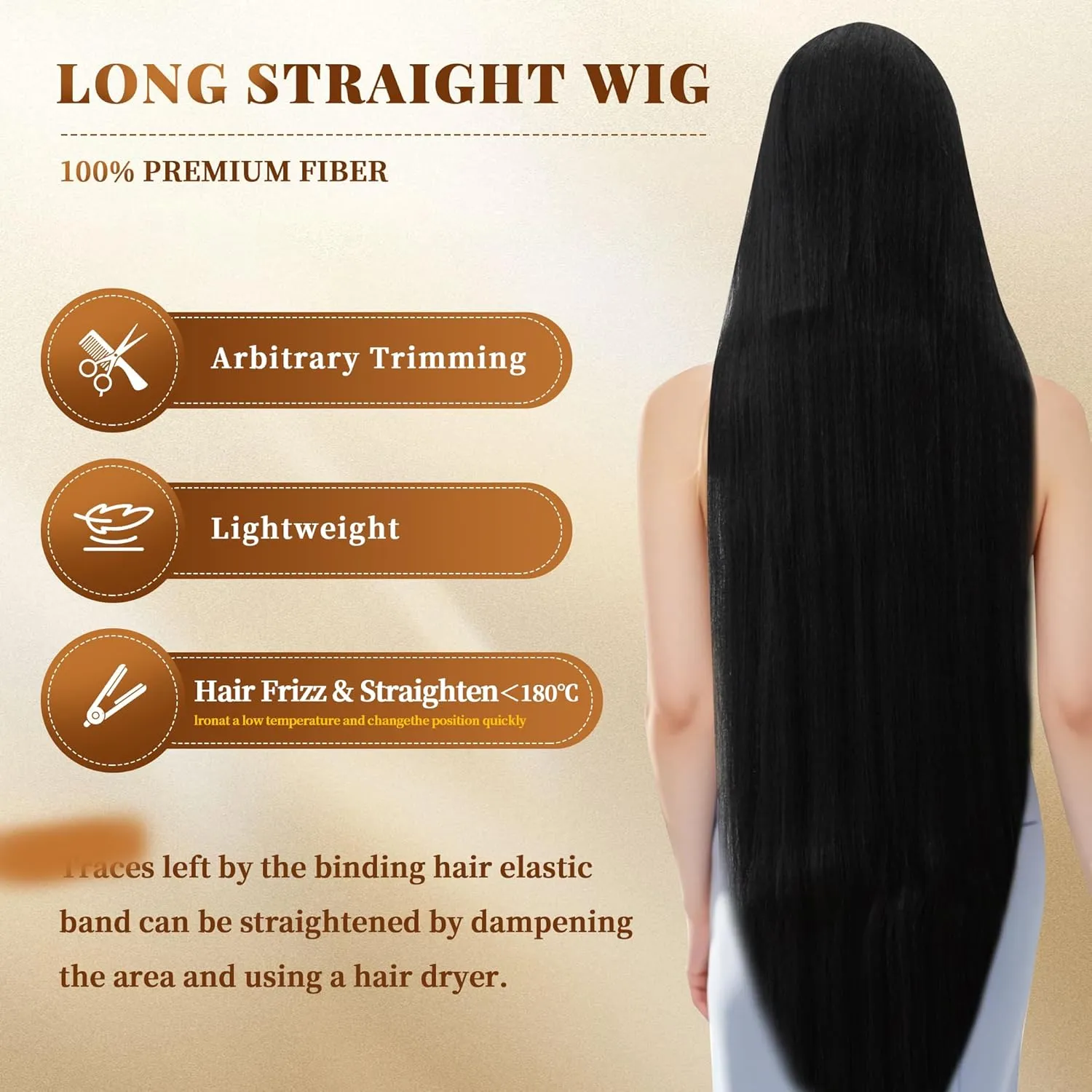 48 Inches Surper Long Straight Wig for Women Flat Bangs Soft Yaki Kinky Wigs for Daily Party Halloween Christmas Cosplay Wig Synthetic Hair Black 120CM