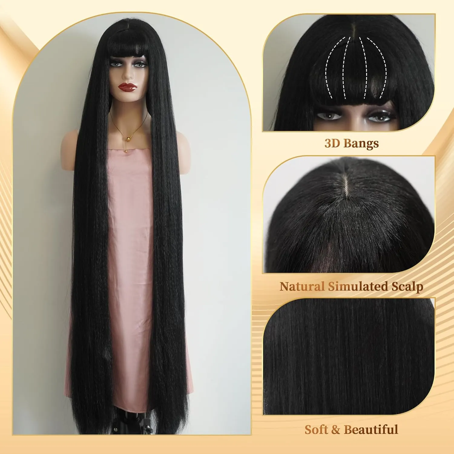 48 Inches Surper Long Straight Wig for Women Flat Bangs Soft Yaki Kinky Wigs for Daily Party Halloween Christmas Cosplay Wig Synthetic Hair Black 120CM