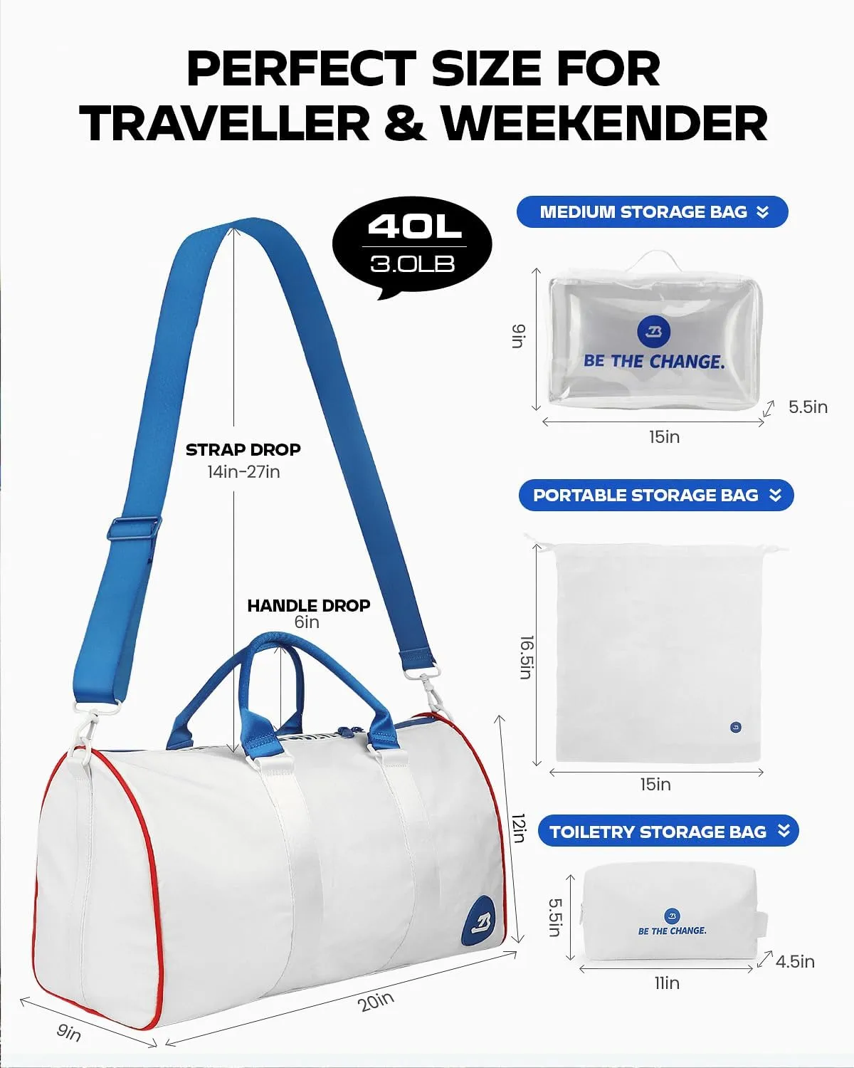 4Pcs/Set Waterproof Sports Duffel Bag 1000D Nylon Durable Gym Bags for Men and Women Overnight Bag with 3 Accessory Bags of Wet & Dry Separation Upgrades 2.0 White