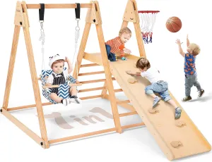 7 in 1 Indoor Jungle Gym for Kids, Foldable Toddler Indoor Playground with Slide, Beechwood & Baby Swing, Climbing Wall & Ladder, Wooden Climbing Toys Playset Gifts for Kids (Wood Color)