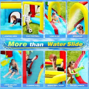 7-in-1 Inflatable Water Park, Bouncy House with Slide, Pool, Climbing Wall, Basketball Hoop, 12x12 ft