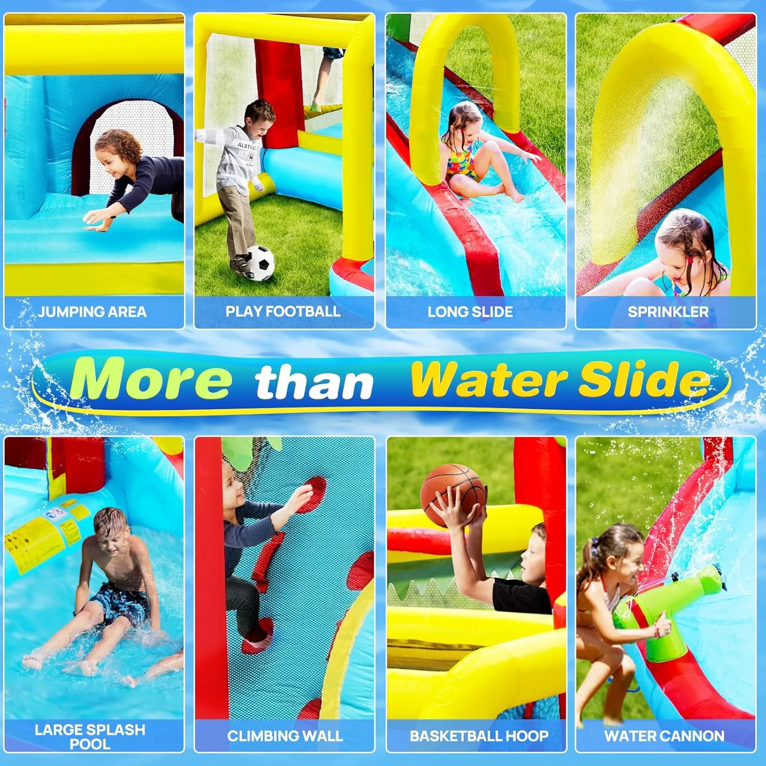 7-in-1 Inflatable Water Park, Bouncy House with Slide, Pool, Climbing Wall, Basketball Hoop, 12x12 ft