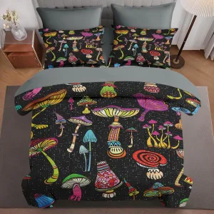 7 Pcs Comforter Set Full Size, Mushroom Magic Starry Sky Bed in a Bag with Flat Sheet and Fitted Sheet for Kids and Adults, Forest Black Biology Bedding Set with Pillowcase & Sham