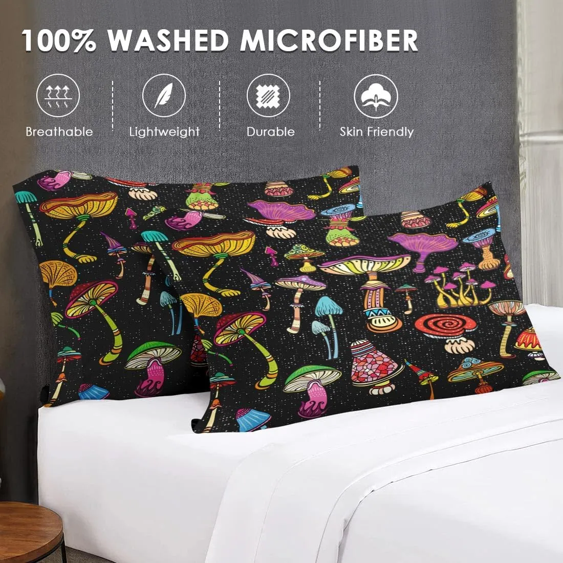 7 Pcs Comforter Set Full Size, Mushroom Magic Starry Sky Bed in a Bag with Flat Sheet and Fitted Sheet for Kids and Adults, Forest Black Biology Bedding Set with Pillowcase & Sham