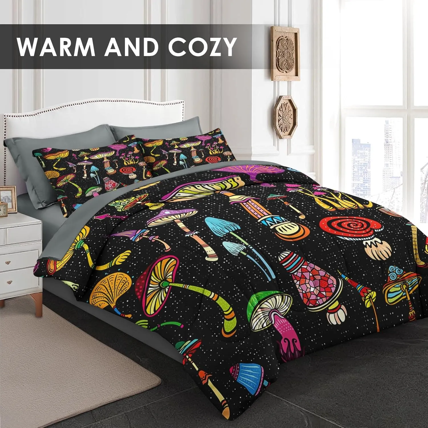 7 Pcs Comforter Set Full Size, Mushroom Magic Starry Sky Bed in a Bag with Flat Sheet and Fitted Sheet for Kids and Adults, Forest Black Biology Bedding Set with Pillowcase & Sham
