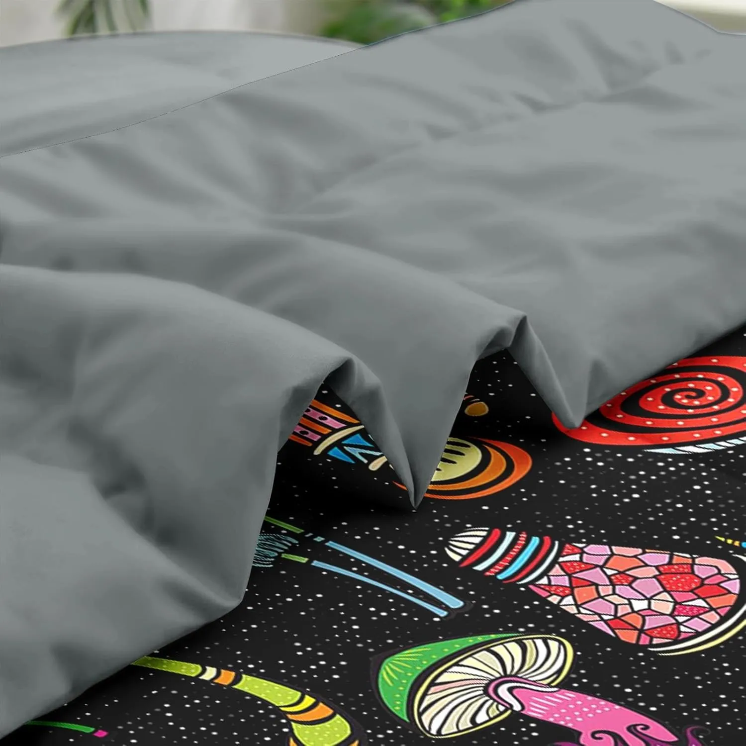 7 Pcs Comforter Set Full Size, Mushroom Magic Starry Sky Bed in a Bag with Flat Sheet and Fitted Sheet for Kids and Adults, Forest Black Biology Bedding Set with Pillowcase & Sham