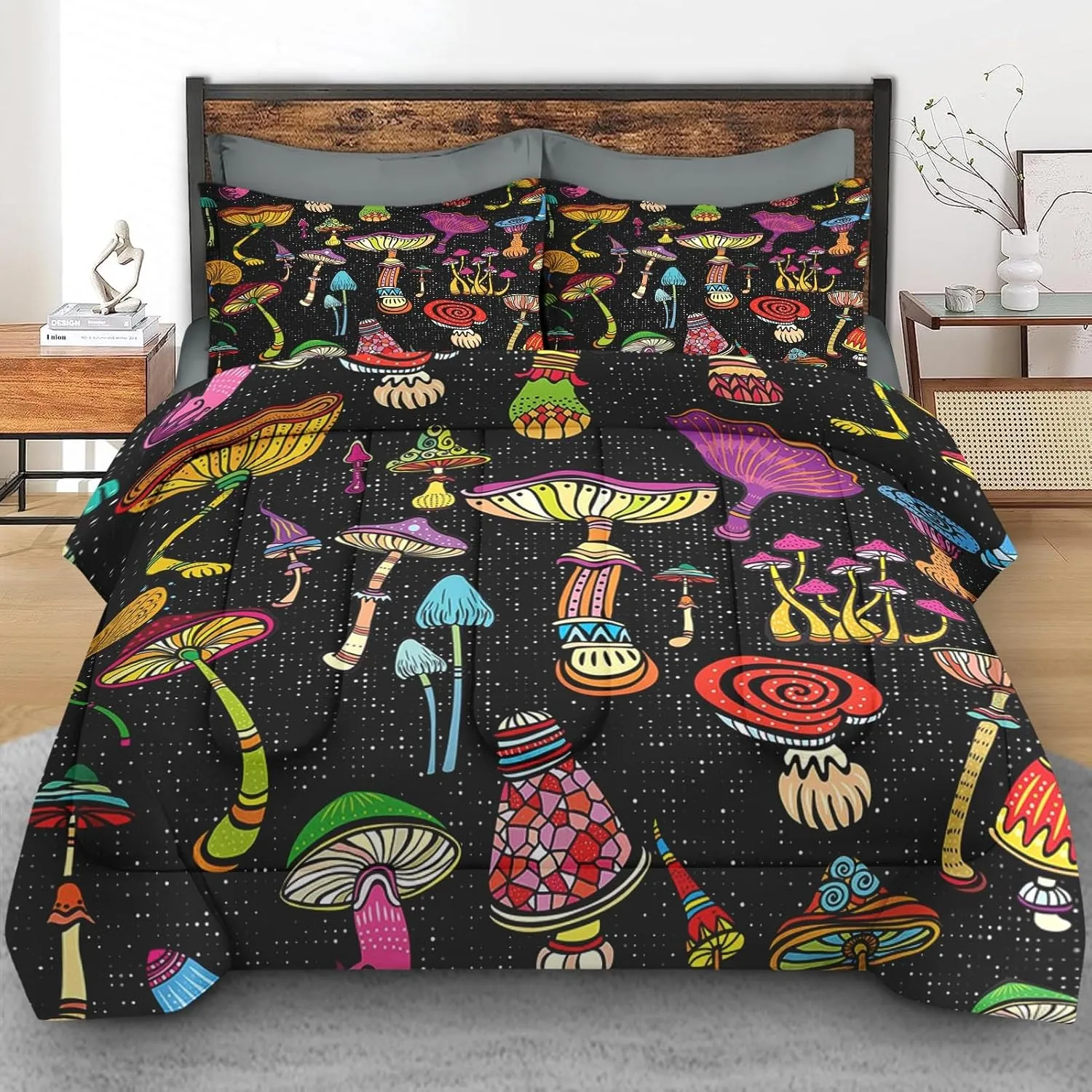 7 Pcs Comforter Set Full Size, Mushroom Magic Starry Sky Bed in a Bag with Flat Sheet and Fitted Sheet for Kids and Adults, Forest Black Biology Bedding Set with Pillowcase & Sham