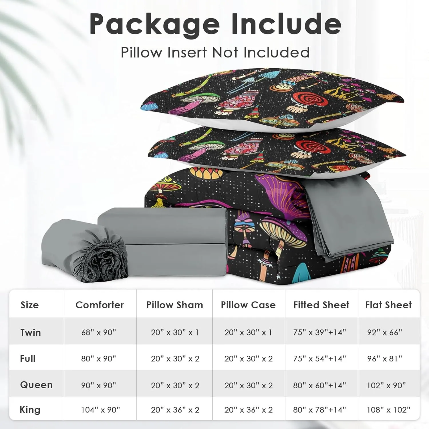 7 Pcs Comforter Set Full Size, Mushroom Magic Starry Sky Bed in a Bag with Flat Sheet and Fitted Sheet for Kids and Adults, Forest Black Biology Bedding Set with Pillowcase & Sham