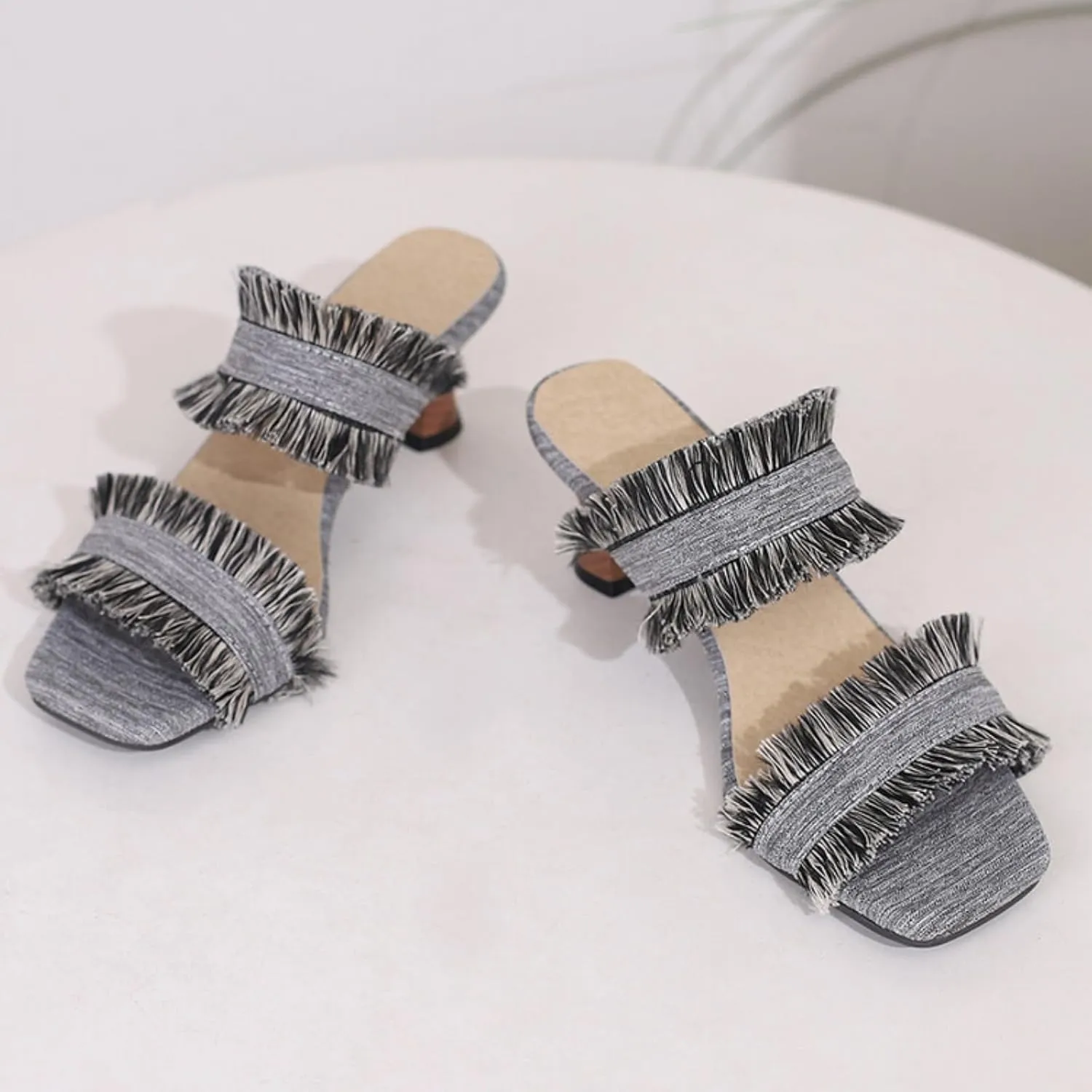 Aflngle Women's Tassels Denim Kitten Low Heels Square Open Toe Mules Sandals Fashion Fringed Slip On Slide Backless Slippers Shoes