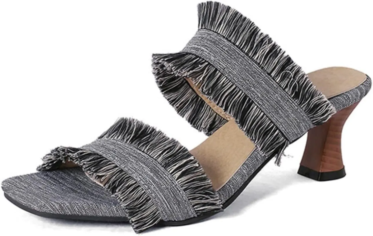 Aflngle Women's Tassels Denim Kitten Low Heels Square Open Toe Mules Sandals Fashion Fringed Slip On Slide Backless Slippers Shoes