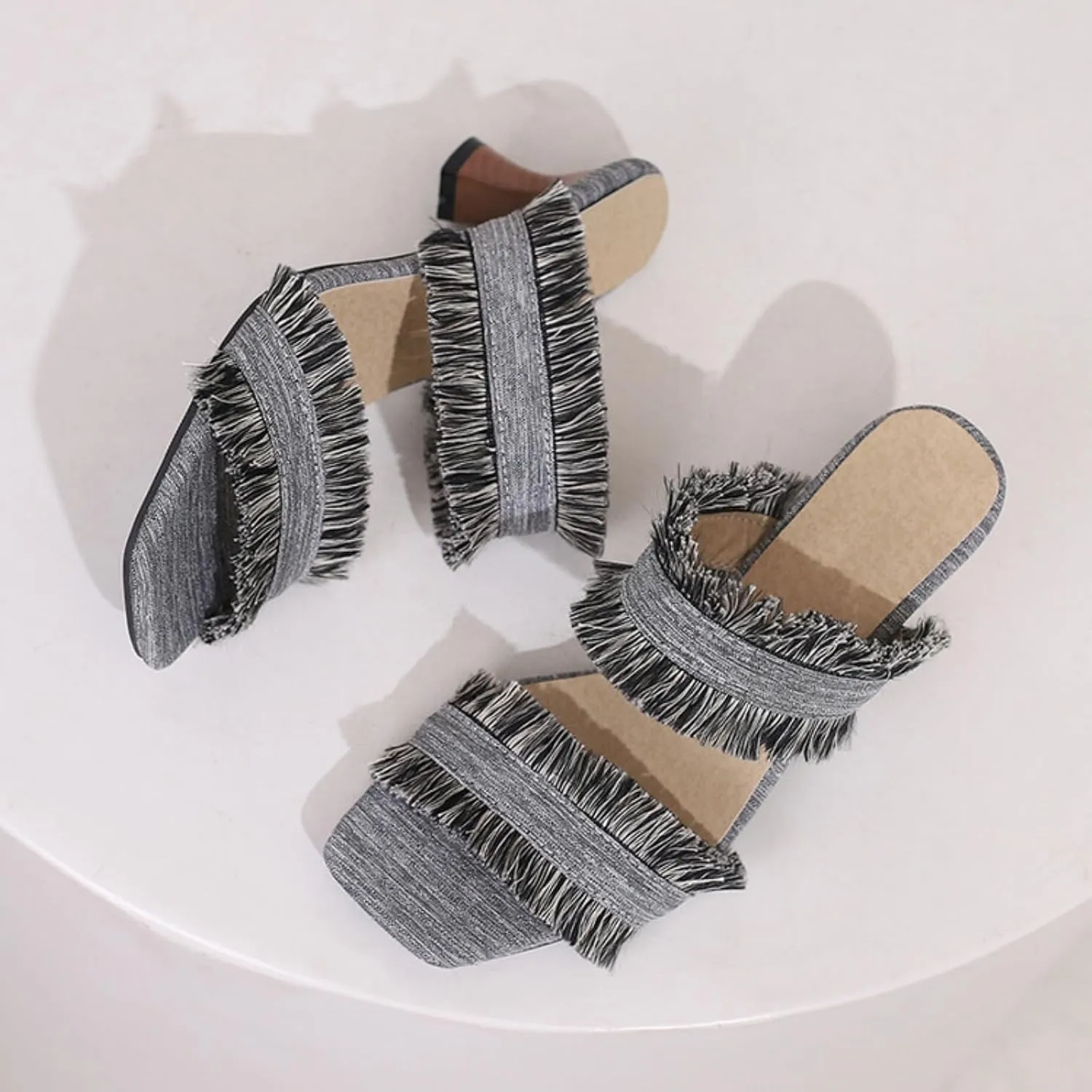 Aflngle Women's Tassels Denim Kitten Low Heels Square Open Toe Mules Sandals Fashion Fringed Slip On Slide Backless Slippers Shoes
