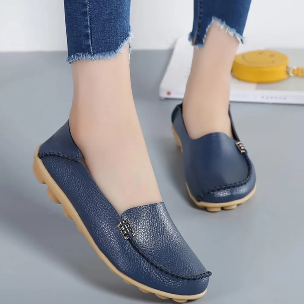 AIFLM Women's Moccasin Casual Mom's Shoes Women's Two Layer Cowhide Nurse Shoes Comfortable Loafer Walking and Driving Work Shoes Flat Bottom Gift for Women