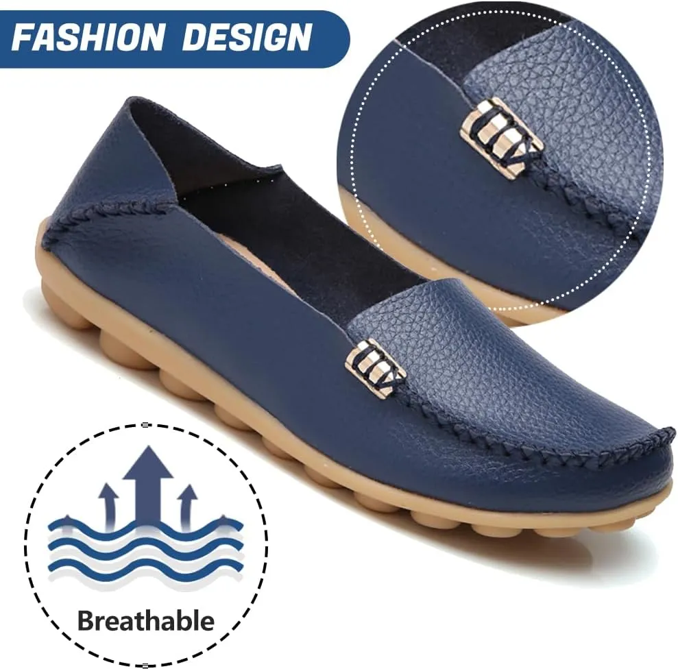 AIFLM Women's Moccasin Casual Mom's Shoes Women's Two Layer Cowhide Nurse Shoes Comfortable Loafer Walking and Driving Work Shoes Flat Bottom Gift for Women