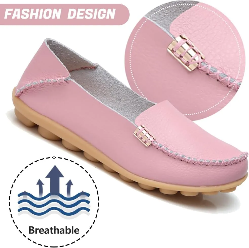 AIFLM Women's Moccasin Casual Mom's Shoes Women's Two Layer Cowhide Nurse Shoes Comfortable Loafer Walking and Driving Work Shoes Flat Bottom Gift for Women
