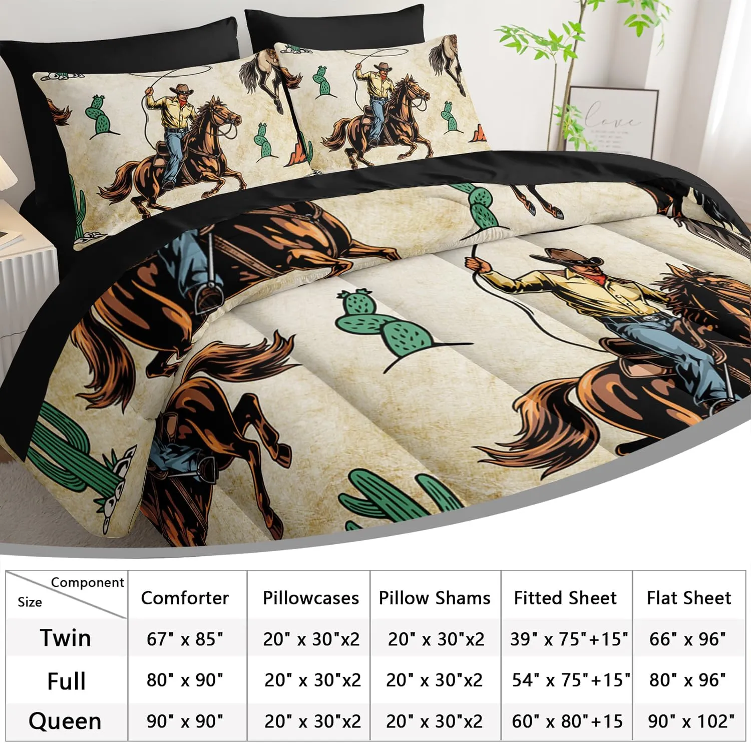 AILONEN Western Cowboy Comforter Set Queen Size,7-Piece Rodeo Cowboy Riding Bull with Cacti Western Style Bed in a Bag,Ranch Jomon Comforter & Fitted Sheet & Flat Sheet & 2 Pillowcases,Soft Microfiber