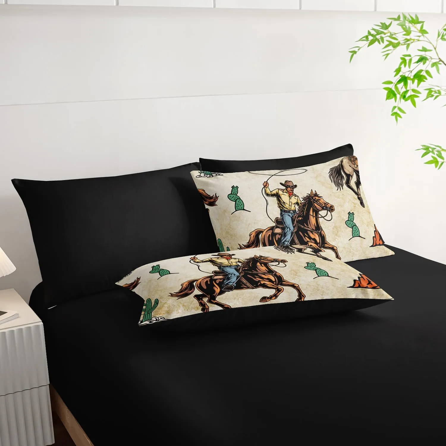 AILONEN Western Cowboy Comforter Set Queen Size,7-Piece Rodeo Cowboy Riding Bull with Cacti Western Style Bed in a Bag,Ranch Jomon Comforter & Fitted Sheet & Flat Sheet & 2 Pillowcases,Soft Microfiber