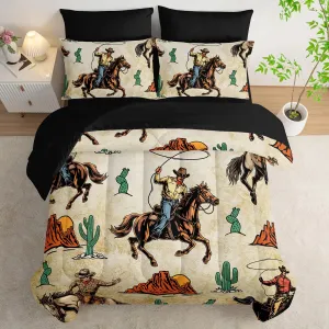 AILONEN Western Cowboy Comforter Set Queen Size,7-Piece Rodeo Cowboy Riding Bull with Cacti Western Style Bed in a Bag,Ranch Jomon Comforter & Fitted Sheet & Flat Sheet & 2 Pillowcases,Soft Microfiber