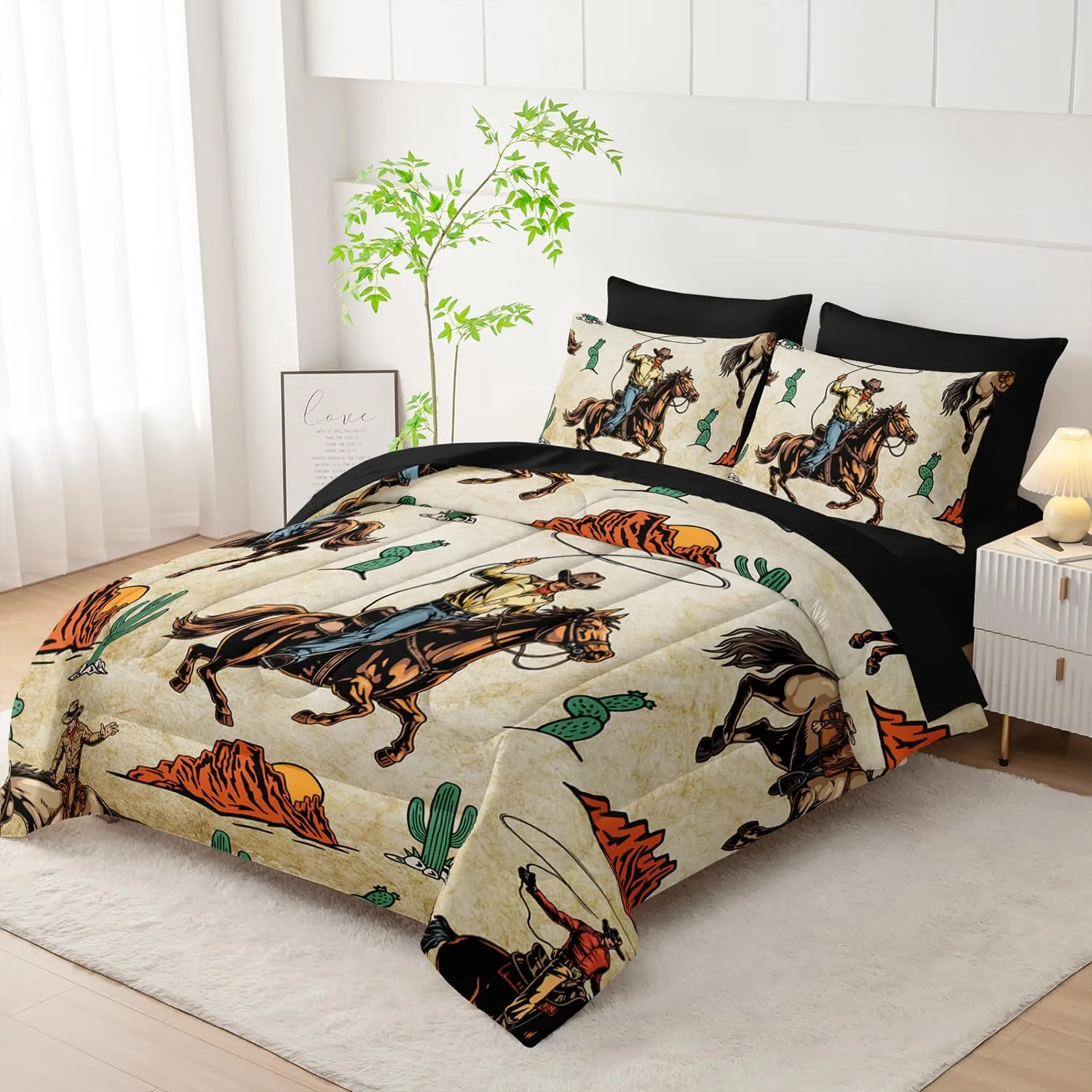 AILONEN Western Cowboy Comforter Set Queen Size,7-Piece Rodeo Cowboy Riding Bull with Cacti Western Style Bed in a Bag,Ranch Jomon Comforter & Fitted Sheet & Flat Sheet & 2 Pillowcases,Soft Microfiber