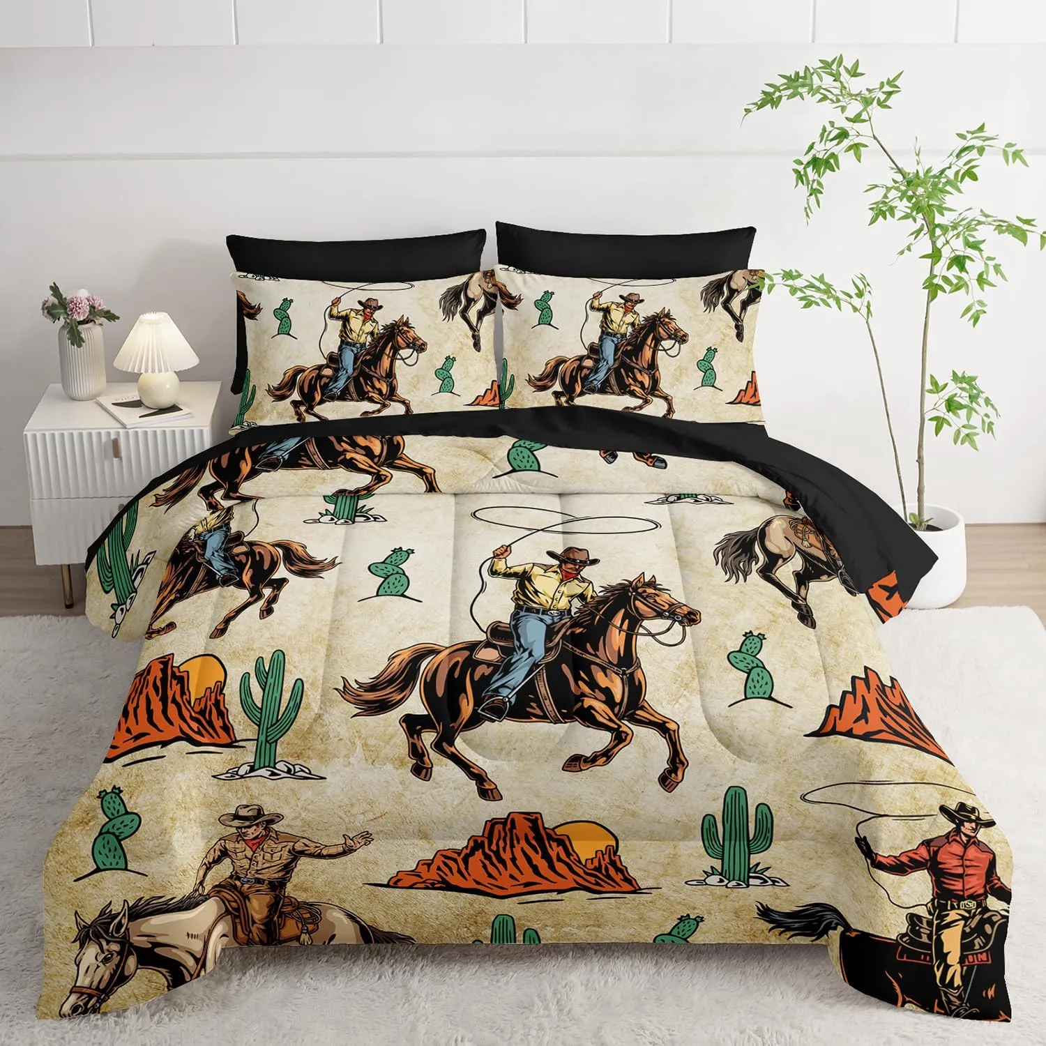 AILONEN Western Cowboy Comforter Set Queen Size,7-Piece Rodeo Cowboy Riding Bull with Cacti Western Style Bed in a Bag,Ranch Jomon Comforter & Fitted Sheet & Flat Sheet & 2 Pillowcases,Soft Microfiber