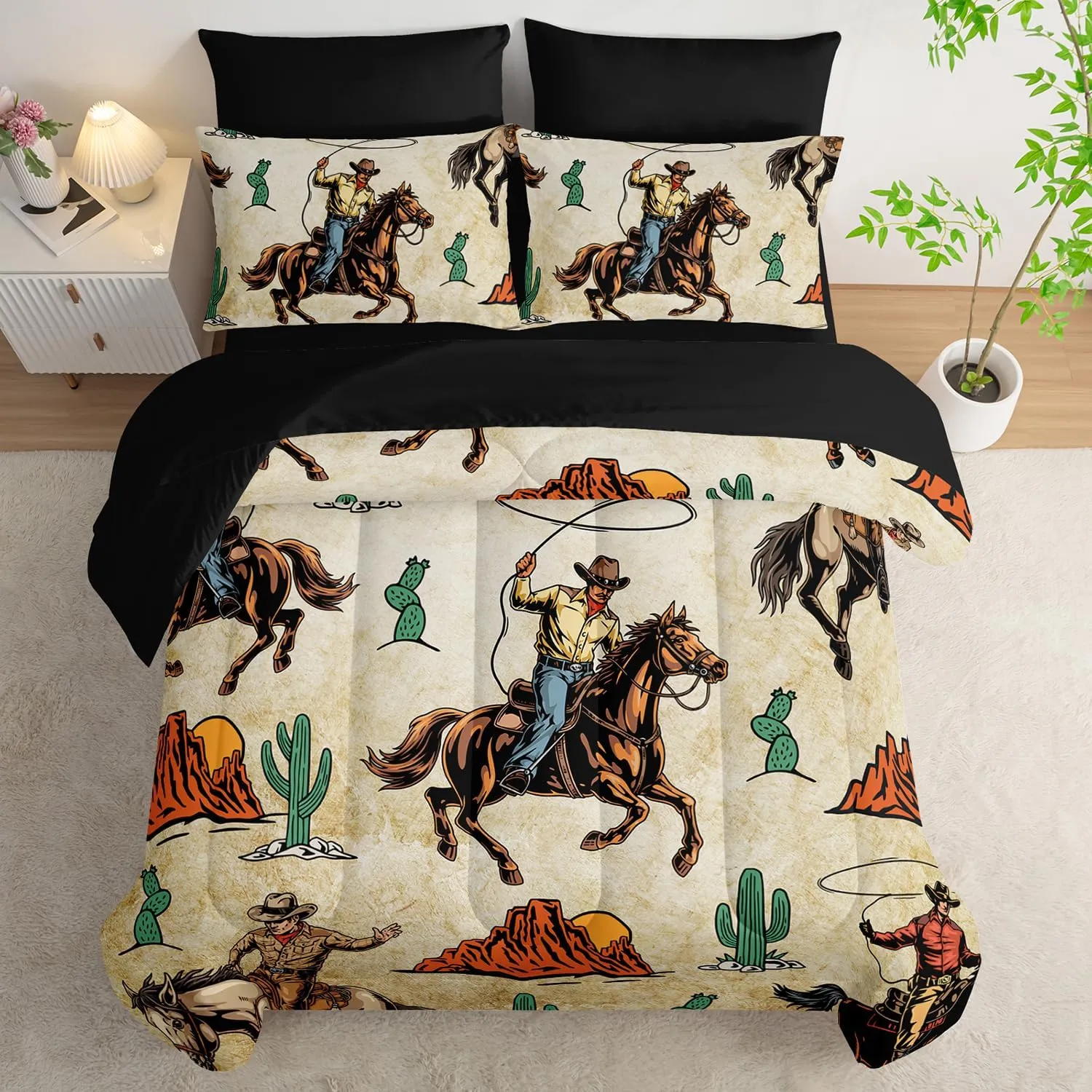 AILONEN Western Cowboy Comforter Set Queen Size,7-Piece Rodeo Cowboy Riding Bull with Cacti Western Style Bed in a Bag,Ranch Jomon Comforter & Fitted Sheet & Flat Sheet & 2 Pillowcases,Soft Microfiber