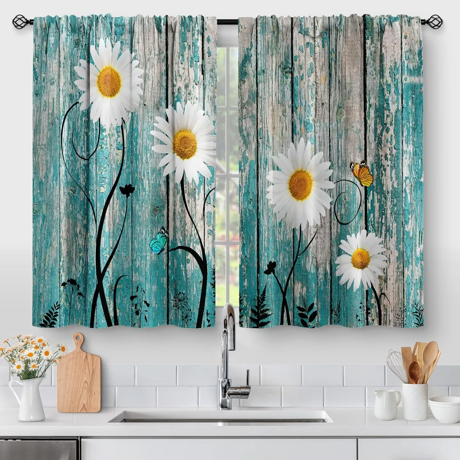 Aimego Flower Daisy Wood Kitchen Curtains - Wooden Rustic Retro Floral Farmhouse Spring Butterfly Plant Farm Short Cafe Tier Curtains Decor Rod Pocket Window Drapes 36 Inch Length 2 Panels 28"x36"