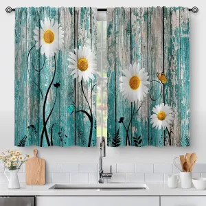 Aimego Flower Daisy Wood Kitchen Curtains - Wooden Rustic Retro Floral Farmhouse Spring Butterfly Plant Farm Short Cafe Tier Curtains Decor Rod Pocket Window Drapes 36 Inch Length 2 Panels 28"x36"