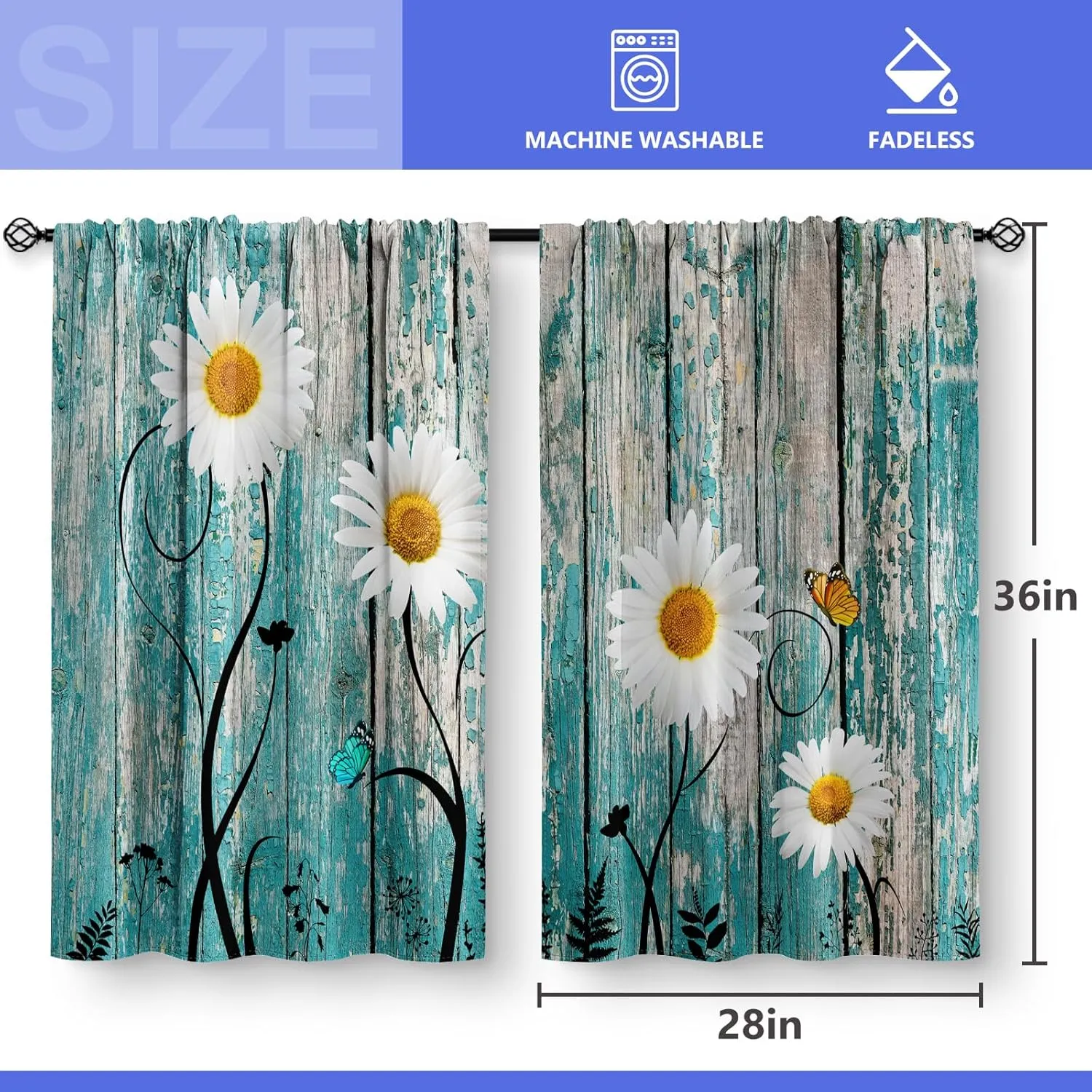 Aimego Flower Daisy Wood Kitchen Curtains - Wooden Rustic Retro Floral Farmhouse Spring Butterfly Plant Farm Short Cafe Tier Curtains Decor Rod Pocket Window Drapes 36 Inch Length 2 Panels 28"x36"
