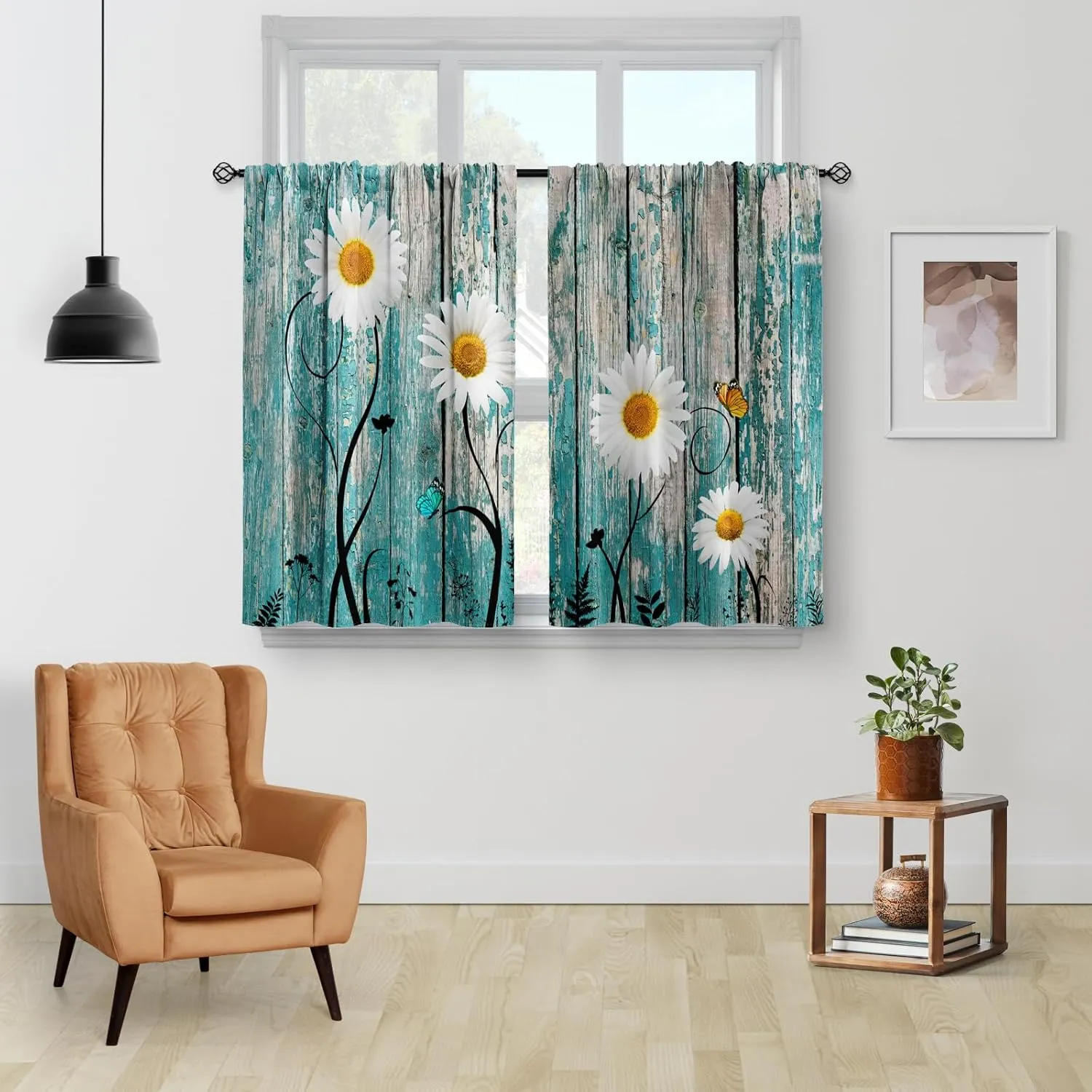 Aimego Flower Daisy Wood Kitchen Curtains - Wooden Rustic Retro Floral Farmhouse Spring Butterfly Plant Farm Short Cafe Tier Curtains Decor Rod Pocket Window Drapes 36 Inch Length 2 Panels 28"x36"