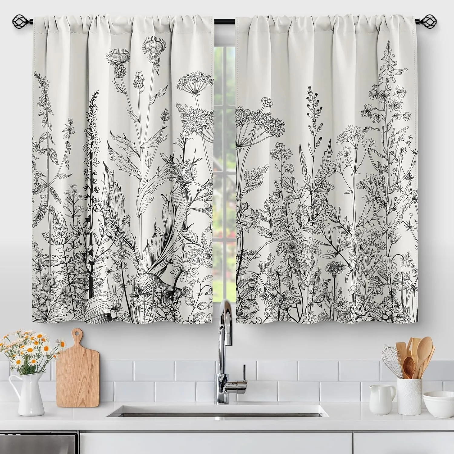 Aimego Flower Leaves Kitchen Curtains - Grey Floral Spring Rustic Plant Botanical Cafe Farmhouse Small Short Curtains for Bathroom Living Room Rod Pocket Window Drapes 36 Inch Length 2 Panels Set