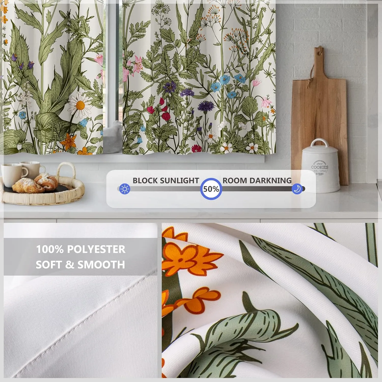 Aimego Flower Leaves Kitchen Curtains - Grey Floral Spring Rustic Plant Botanical Cafe Farmhouse Small Short Curtains for Bathroom Living Room Rod Pocket Window Drapes 36 Inch Length 2 Panels Set
