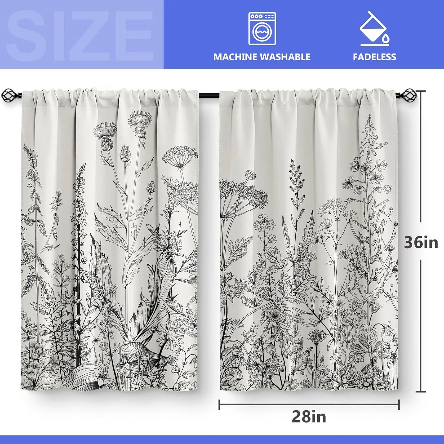 Aimego Flower Leaves Kitchen Curtains - Grey Floral Spring Rustic Plant Botanical Cafe Farmhouse Small Short Curtains for Bathroom Living Room Rod Pocket Window Drapes 36 Inch Length 2 Panels Set