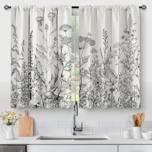 Aimego Flower Leaves Kitchen Curtains - Grey Floral Spring Rustic Plant Botanical Cafe Farmhouse Small Short Curtains for Bathroom Living Room Rod Pocket Window Drapes 36 Inch Length 2 Panels Set