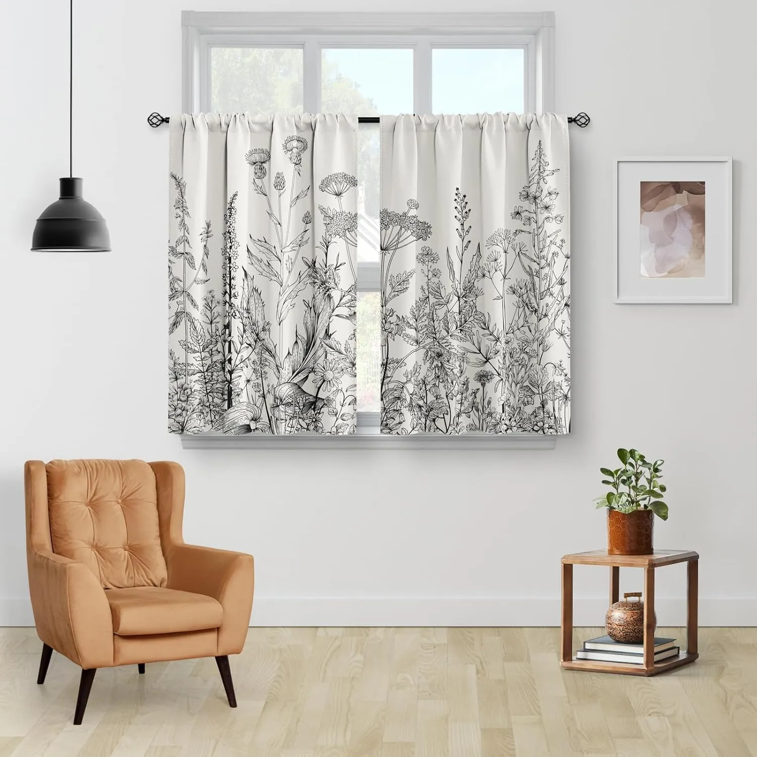 Aimego Flower Leaves Kitchen Curtains - Grey Floral Spring Rustic Plant Botanical Cafe Farmhouse Small Short Curtains for Bathroom Living Room Rod Pocket Window Drapes 36 Inch Length 2 Panels Set