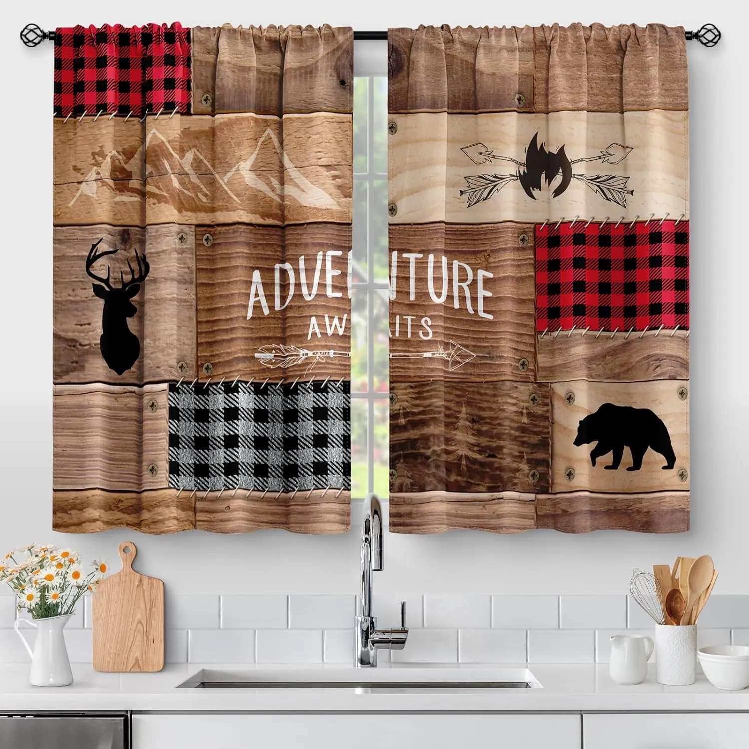 Aimego Rustic Wooden Kitchen Curtains - Farmhouse Cabin Bear Deer Country Retro Small Short Cafe Tier Curtains Decor for Living Room Rod Pocket Window Drapes 2 Panels 28"x36"